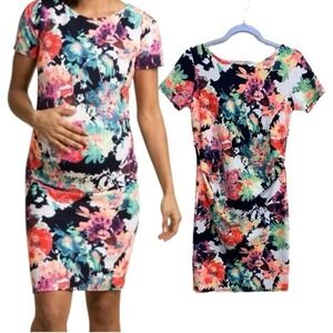 PinkBlush Floral Neon Maternity Dress S | Stretch Lightweight Bodycon Scoop Neck